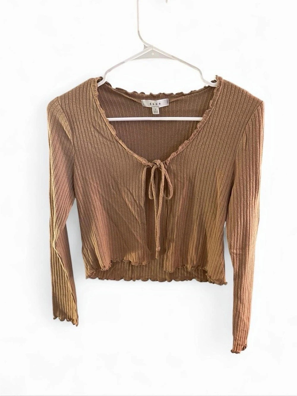 gaze Ribbed Lace-Up Crop Top in Brown Size Small